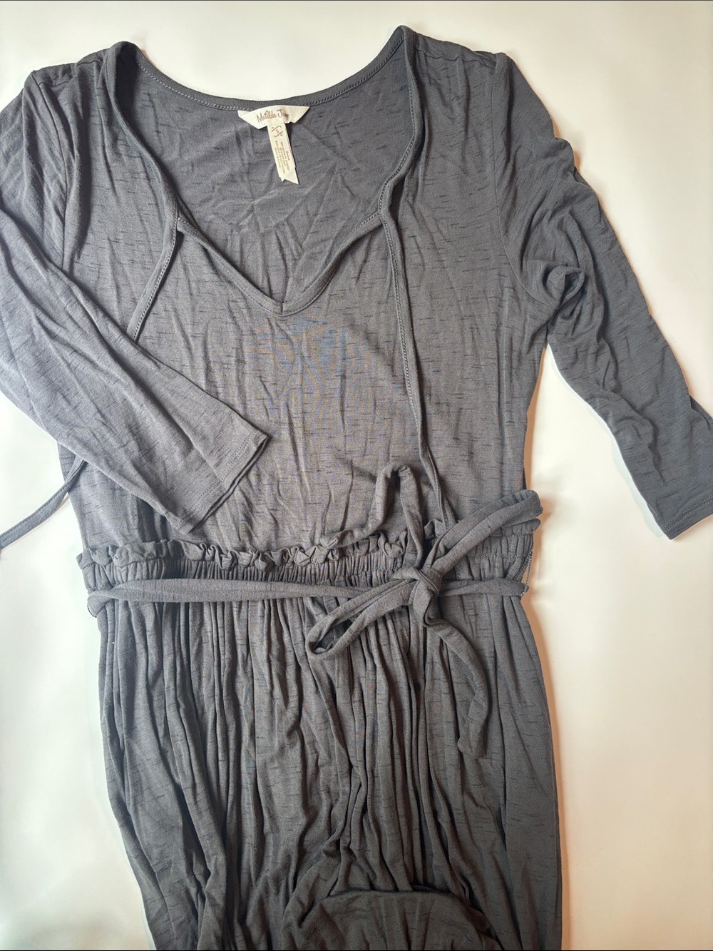 Matilda Jane  Slate Gray V-Neck Drawstring Midi Dress with asymmetrical bottom